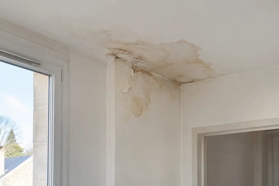 Plafond et mur abîmés par un dégât des eaux avant remise en peinture